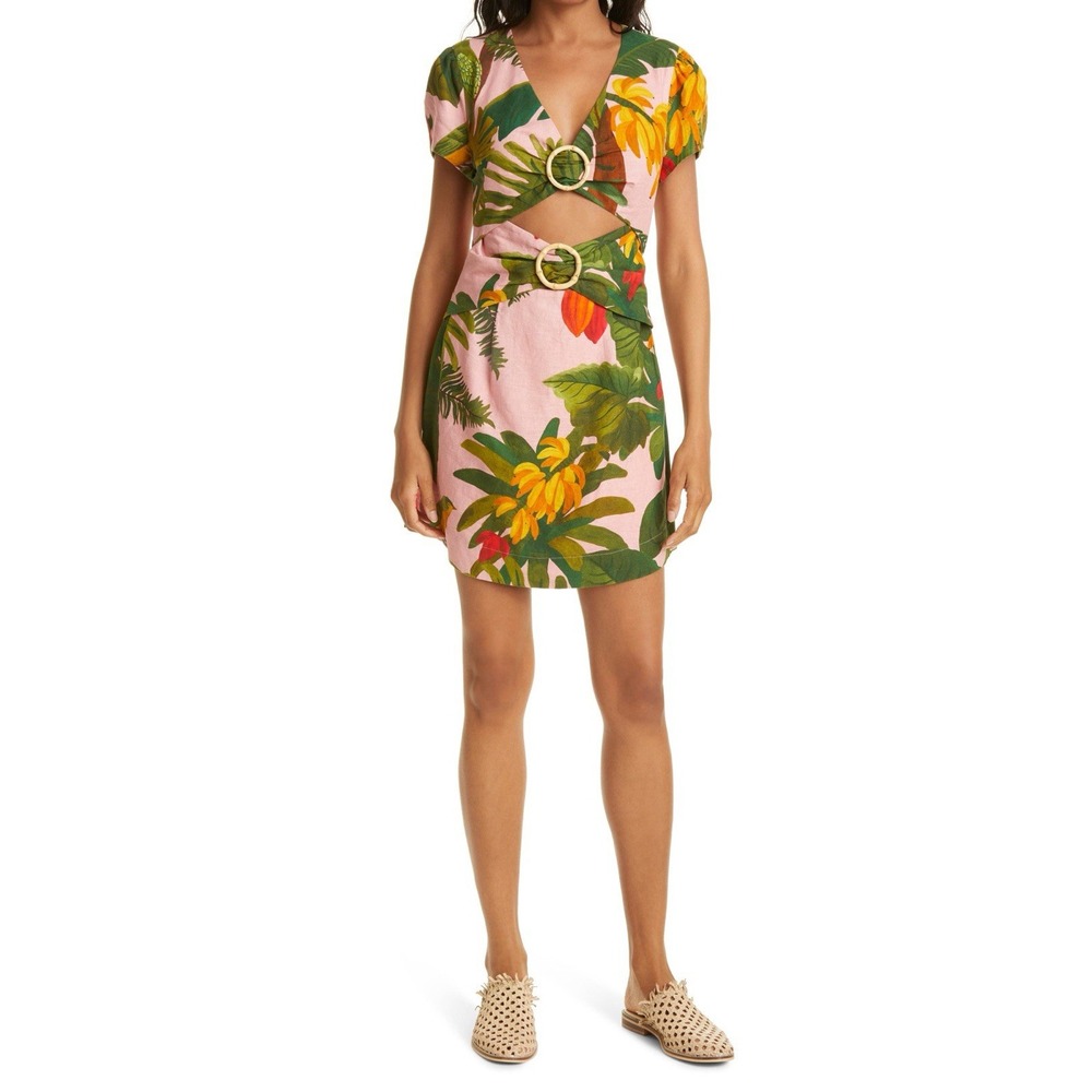 FARM Rio Pink Cocoa Forest Cutout Mini Dress Size Small Tropical Boho Luxe NWT